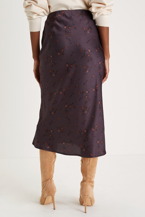 Refined Style Dark Purple Floral Print High-Waisted Midi Skirt