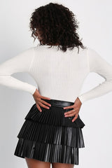 Bold Charm Black Vegan Leather Pleated Tiered Mini Skirt
