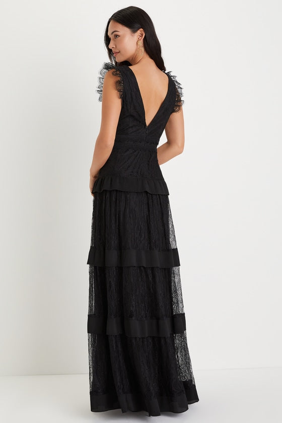 Marvelous Darling Black Lace Ruffled Tiered Maxi Dress