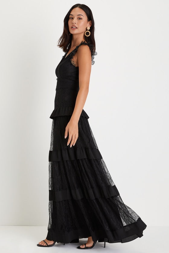 Marvelous Darling Black Lace Ruffled Tiered Maxi Dress