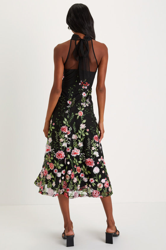 Blossoming Energy Black Floral Embroidered Halter Midi Dress