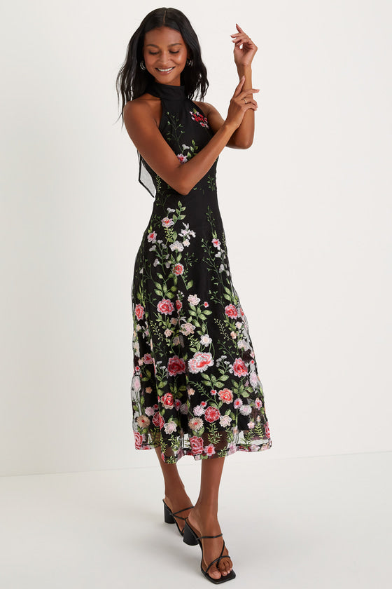 Blossoming Energy Black Floral Embroidered Halter Midi Dress