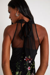 Blossoming Energy Black Floral Embroidered Halter Midi Dress