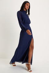 Graceful Entrance Navy Blue Long Sleeve Backless Maxi Dress