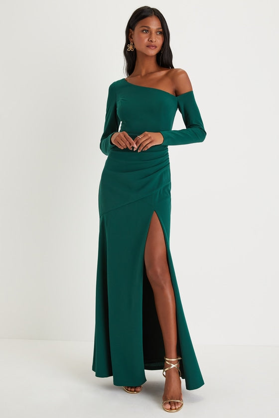 Elegant Sensation Emerald Green Asymmetrical Pleated Maxi Dress