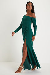 Elegant Sensation Emerald Green Asymmetrical Pleated Maxi Dress
