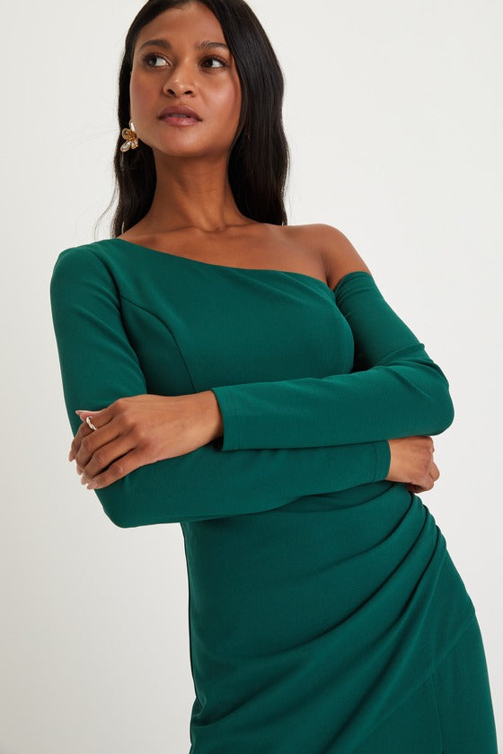 Elegant Sensation Emerald Green Asymmetrical Pleated Maxi Dress