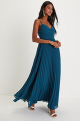 Sensational Charmer Teal Blue Pleated Sleeveless Maxi Dress