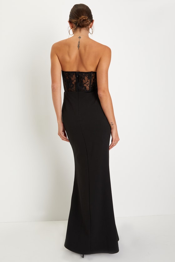 Sultry Persona Black Lace Strapless Bustier Mermaid Maxi Dress