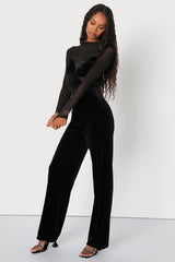 Edgy Charisma Black Mesh Velvet Cutout Long Sleeve Jumpsuit