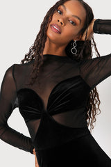 Edgy Charisma Black Mesh Velvet Cutout Long Sleeve Jumpsuit