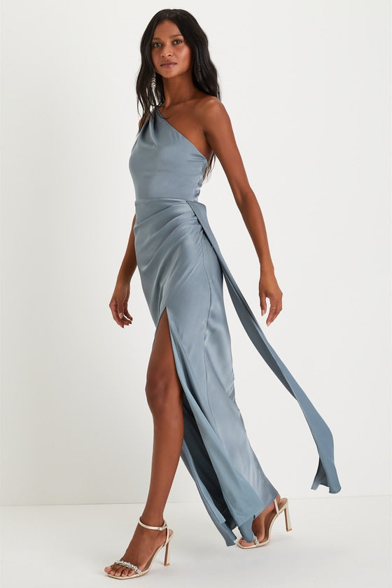 Signature Elegance Slate Blue Satin One-Shoulder Maxi Dress