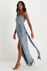 Signature Elegance Slate Blue Satin One-Shoulder Maxi Dress