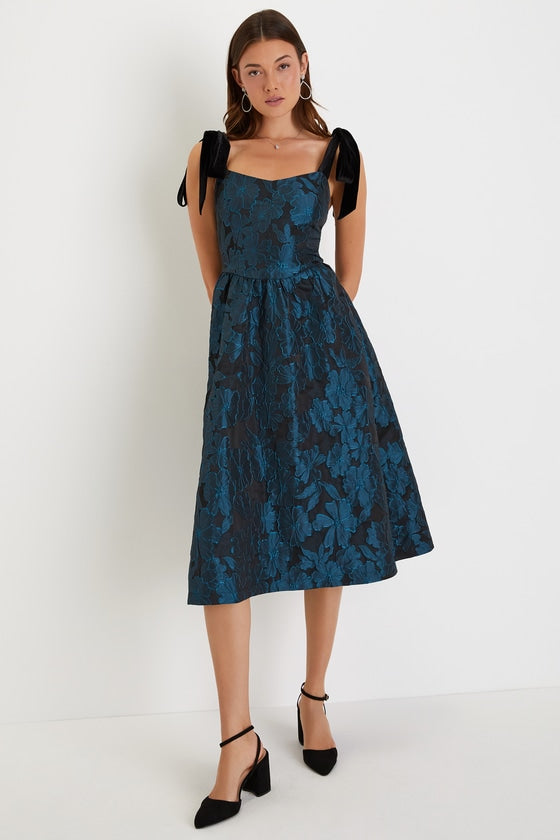 Beyond Graceful Black Floral Jacquard Velvet Tie-Strap Midi Dres