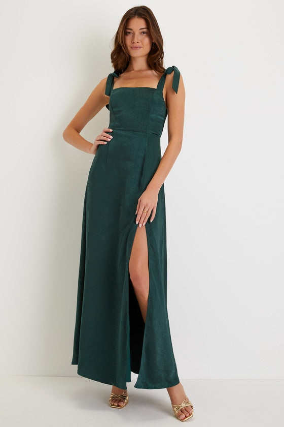 Made to Be Adored Hunter Green Satin Tie-Strap Maxi Dress