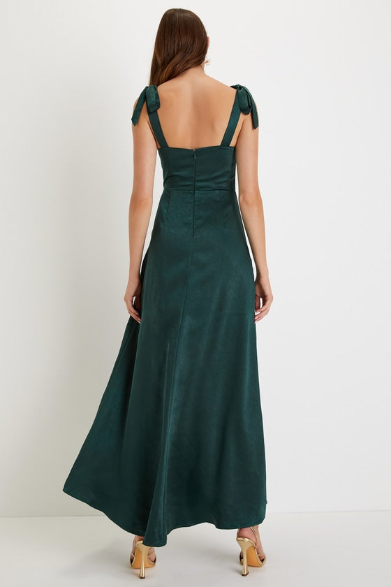 Made to Be Adored Hunter Green Satin Tie-Strap Maxi Dress