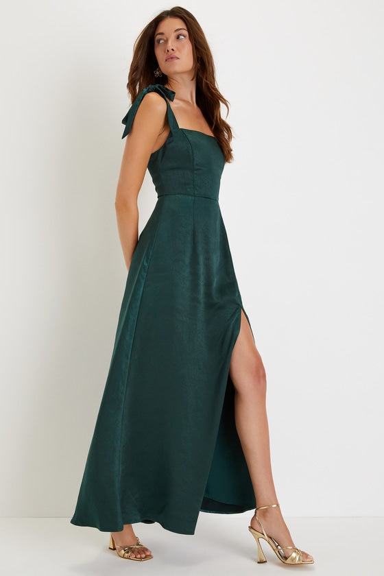 Made to Be Adored Hunter Green Satin Tie-Strap Maxi Dress