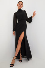 Graceful Entrance Black Long Sleeve Backless Maxi Dress