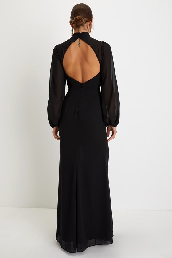 Graceful Entrance Black Long Sleeve Backless Maxi Dress