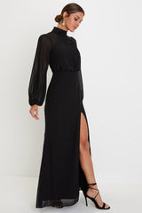 Graceful Entrance Black Long Sleeve Backless Maxi Dress