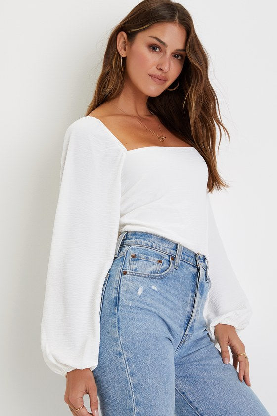 Abundance of Love White Textured Long Sleeve Tie-Back Bodysuit