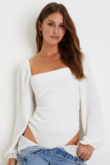Abundance of Love White Textured Long Sleeve Tie-Back Bodysuit