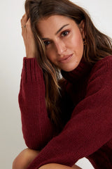 Snuggly Touch Burgundy Cable Knit Turtleneck Sweater