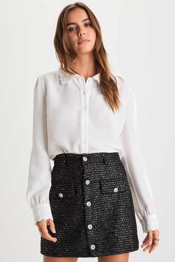 Posh Reputation Black Tweed Rhinestone Button-Front Mini Skirt