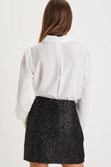Posh Reputation Black Tweed Rhinestone Button-Front Mini Skirt