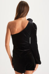 Posh Charmer Black Velvet Rosette One-Shoulder Romper