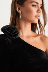 Posh Charmer Black Velvet Rosette One-Shoulder Romper