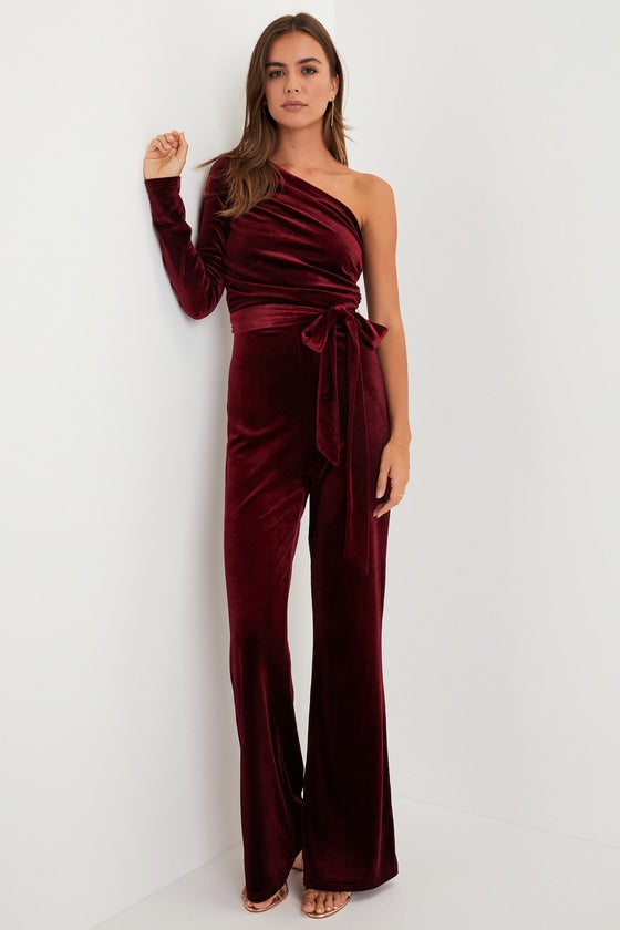 Extraordinary Vibe Burgundy Velvet One-Shoulder Jumpsuit