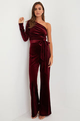 Extraordinary Vibe Burgundy Velvet One-Shoulder Jumpsuit
