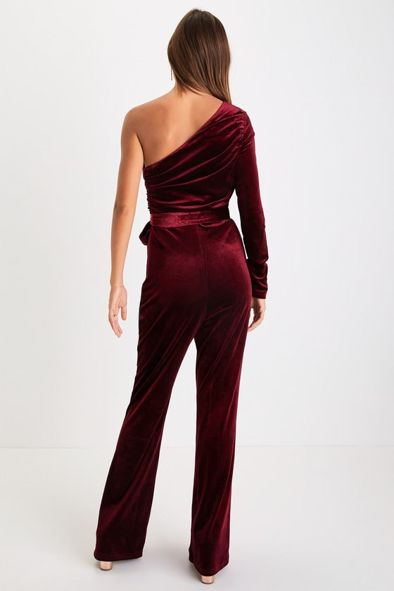 Extraordinary Vibe Burgundy Velvet One-Shoulder Jumpsuit