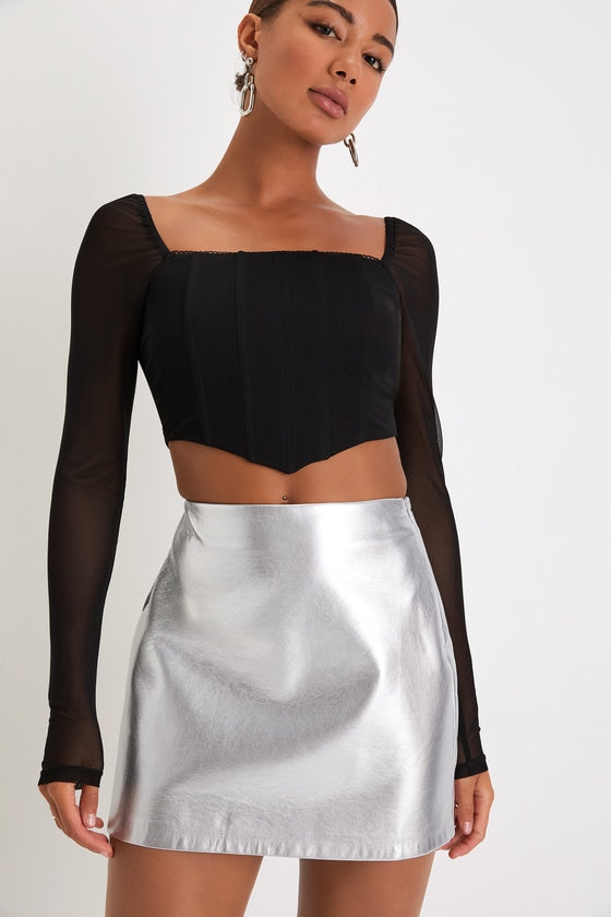 Stylish Invitation Silver Vegan Leather High-Rise Mini Skirt