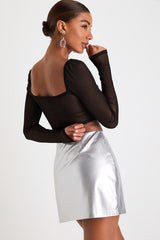 Stylish Invitation Silver Vegan Leather High-Rise Mini Skirt