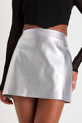 Stylish Invitation Silver Vegan Leather High-Rise Mini Skirt