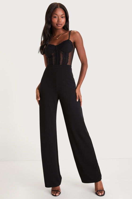 Perfectly Sultry Black Sheer Mesh Bustier Wide-Leg Jumpsuit