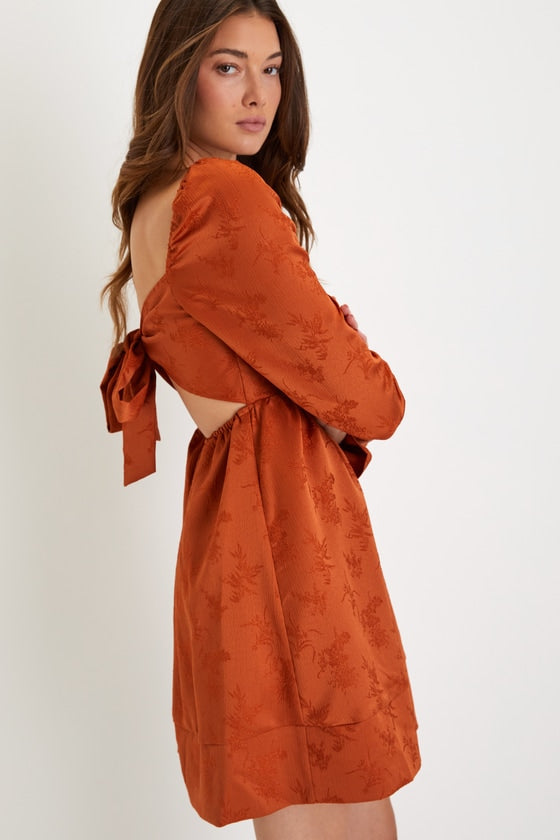 Exceptional Design Rust Orange Pleated Tie-Back Mini Dress