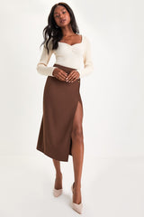 Perfect Sophistication Brown Twill Button Wrap Midi Skirt