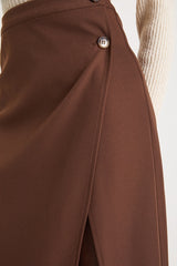 Perfect Sophistication Brown Twill Button Wrap Midi Skirt