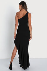 Dramatic Persona Black One-Shoulder Ruffled Maxi Dress