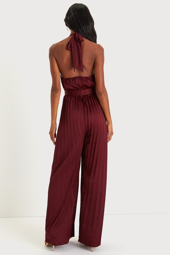 Confident Impression Burgundy Satin Pleated Halter Jumpsuit