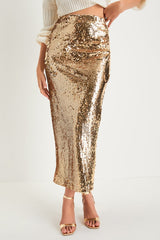 Dazzling Appearance Gold Sequin High-Rise Midi Skirt