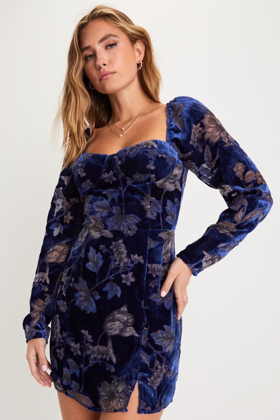 Simply Decadent Navy Floral Velvet Burnout Bustier Mini Dress
