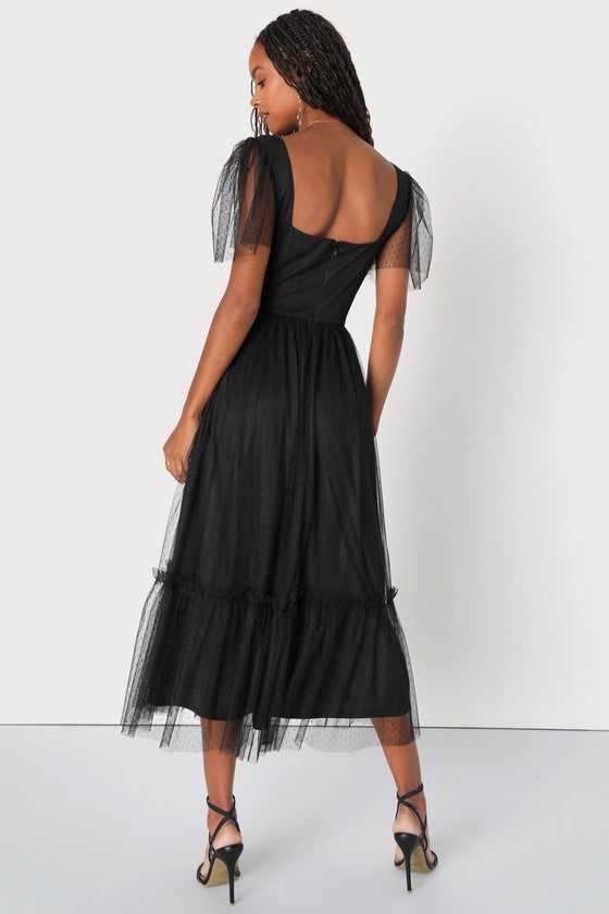 Dreamy Celebration Black Tulle Bustier Swiss Dot Midi Dress