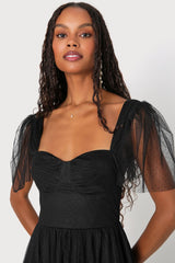 Dreamy Celebration Black Tulle Bustier Swiss Dot Midi Dress