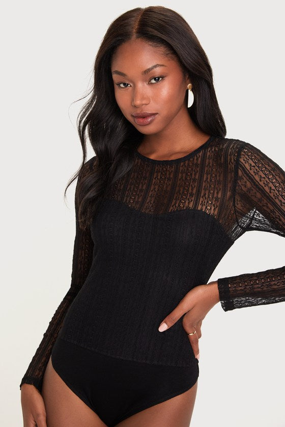 Sheer Passion Black Sheer Lace Long Sleeve Bodysuit