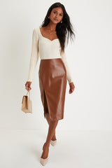 Mireya Brown Vegan Leather Pencil Skirt