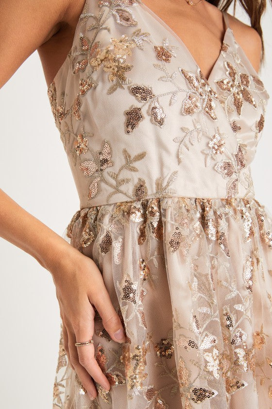 Glittery Glamour Gold Floral Embroidered Sequin Midi Dress